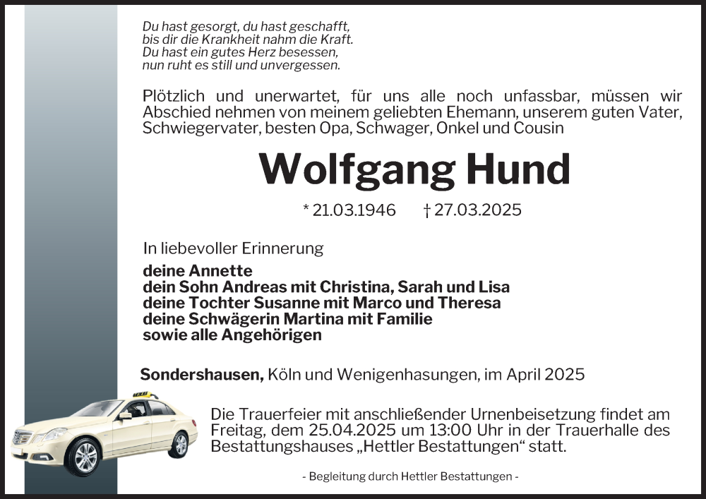  Traueranzeige für Wolfgang Hund vom 12.04.2025 aus Thüringer Allgemeine