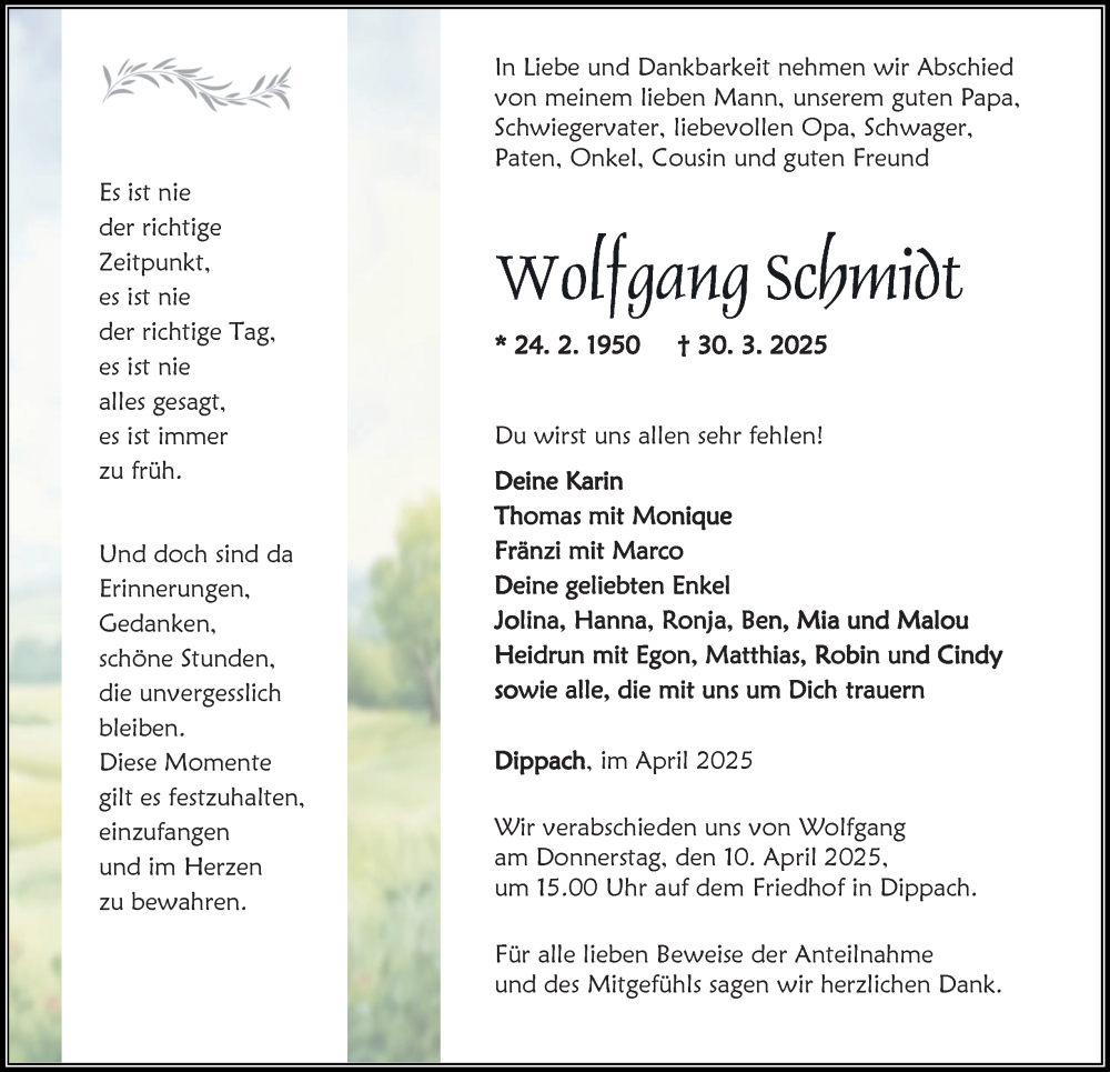  Traueranzeige für Wolfgang Schmit vom 05.04.2025 aus Thüringer Allgemeine, Thüringische Landeszeitung
