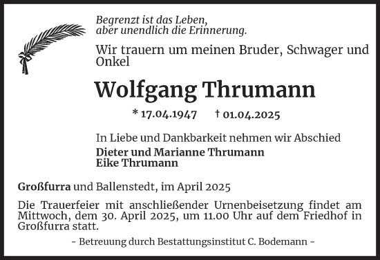 Traueranzeige von Wolfgang Thrumann