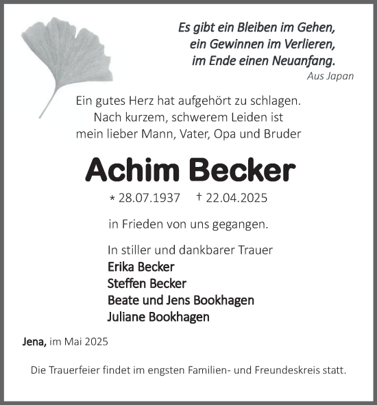 Traueranzeige von Achim Becker von Ostthüringer Zeitung, Thüringische Landeszeitung