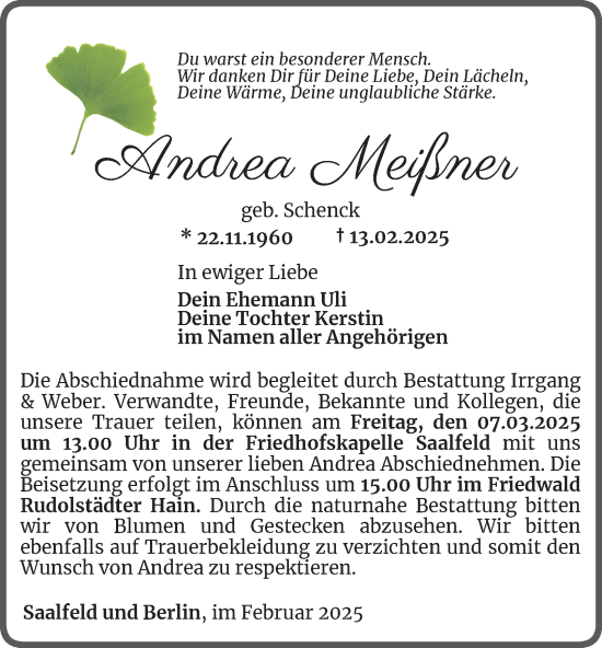 Traueranzeige von Andrea Meißner von Ostthüringer Zeitung
