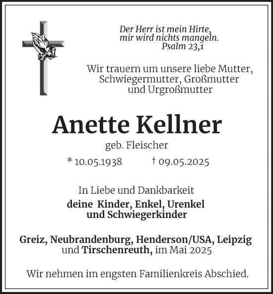 Traueranzeige von Anette Kellner von Ostthüringer Zeitung