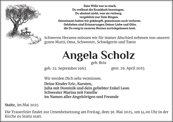 Traueranzeige von Angela Scholz von Ostthüringer Zeitung