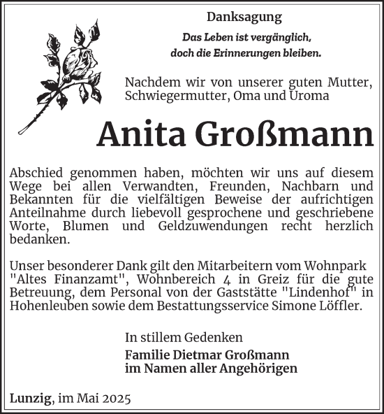 Traueranzeige von Anita Großmann von Ostthüringer Zeitung