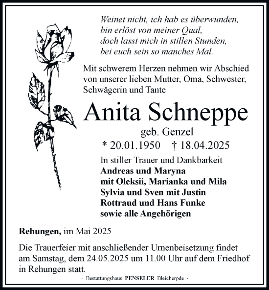 Traueranzeige von Anita Schneppe von Thüringer Allgemeine