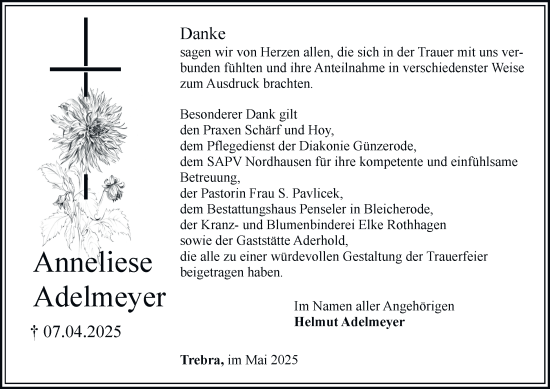 Traueranzeige von Anneliese Adelmeyer von Thüringer Allgemeine