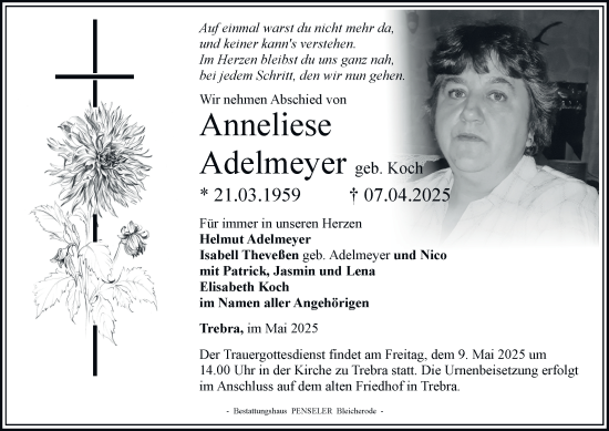 Traueranzeige von Anneliese Adelmeyer von Thüringer Allgemeine