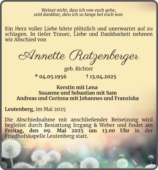 Traueranzeige von Annette Ratzenberger von Ostthüringer Zeitung