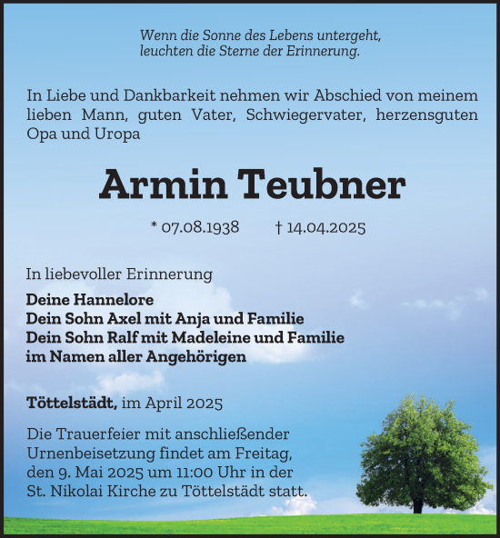 Traueranzeige von Armin Teubner von Thüringer Allgemeine, Thüringische Landeszeitung