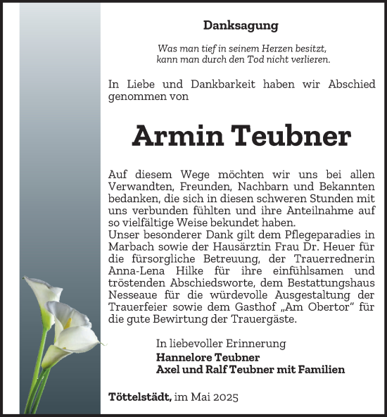 Traueranzeige von Armin Teubner von Thüringer Allgemeine, Thüringische Landeszeitung