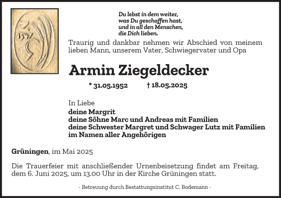 Traueranzeige von Armin Ziegeldecker von Thüringer Allgemeine