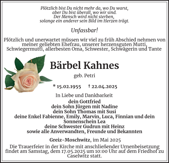 Traueranzeige von Bärbel Kahnes von Ostthüringer Zeitung