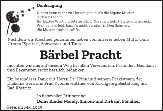 Traueranzeige von Bärbel Pracht von Ostthüringer Zeitung
