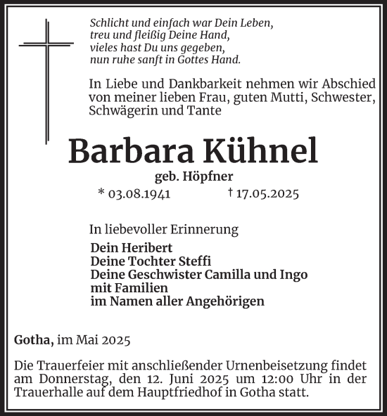 Traueranzeige von Barbara Kühnel von Thüringer Allgemeine, Thüringische Landeszeitung