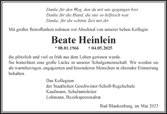 Traueranzeige von Beate Heinlein von Ostthüringer Zeitung