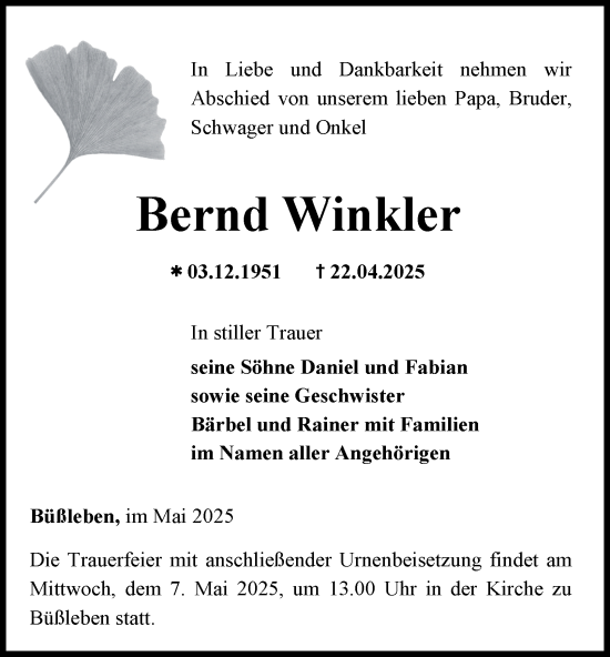 Traueranzeige von Bernd Winkler von Thüringer Allgemeine, Thüringische Landeszeitung