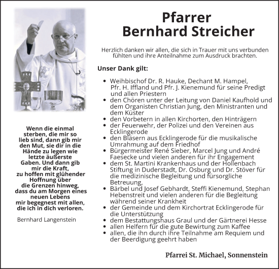 Traueranzeige von Bernhard Streicher von Thüringer Allgemeine