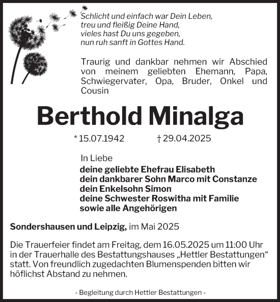 Traueranzeige von Berthold Minalga von Thüringer Allgemeine