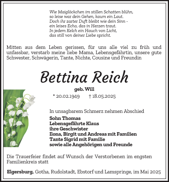 Traueranzeige von Bettina Reich von Thüringer Allgemeine, Thüringische Landeszeitung