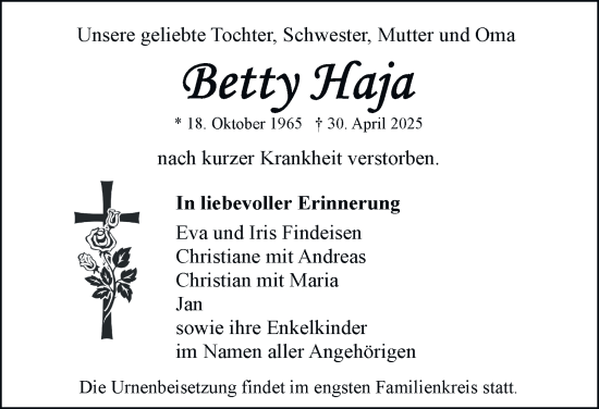 Traueranzeige von Betty Haja von Thüringer Allgemeine, Thüringische Landeszeitung