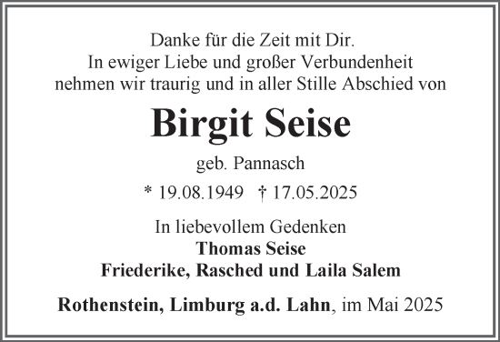 Traueranzeige von Birgit Seise von Ostthüringer Zeitung, Thüringische Landeszeitung