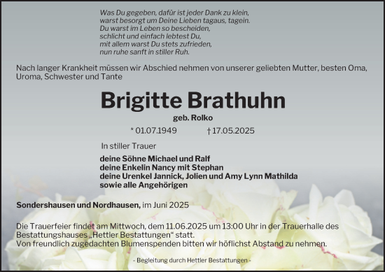 Traueranzeige von Brigitte Brathuhn von Thüringer Allgemeine