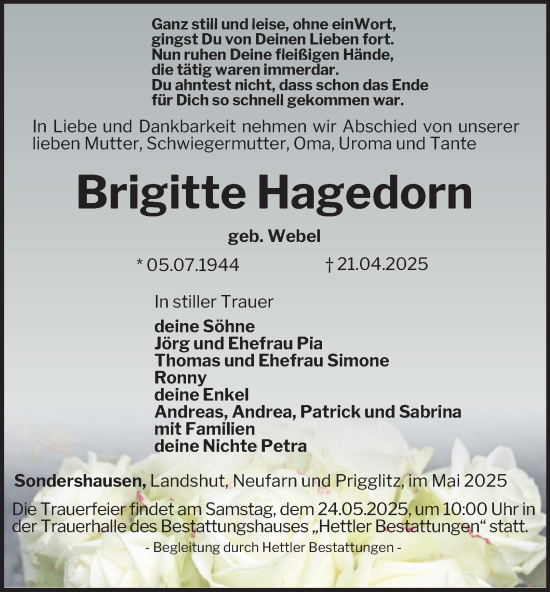 Traueranzeige von Brigitte Hagedorn von Thüringer Allgemeine