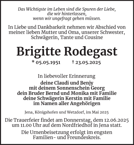 Traueranzeige von Brigitte Rodegast von Ostthüringer Zeitung