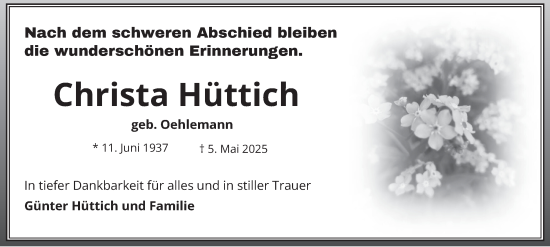 Traueranzeige von Christa Hüttich von Ostthüringer Zeitung