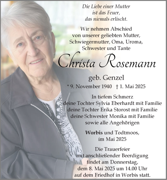Traueranzeige von Christa Rosemann von Thüringer Allgemeine