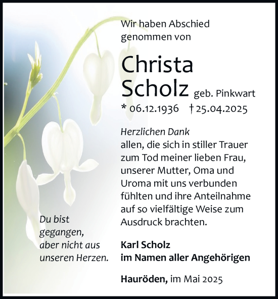 Traueranzeige von Christa Scholz von Thüringer Allgemeine