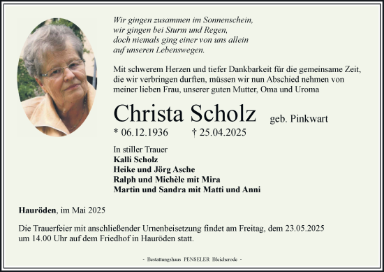 Traueranzeige von Christa Scholz von Thüringer Allgemeine