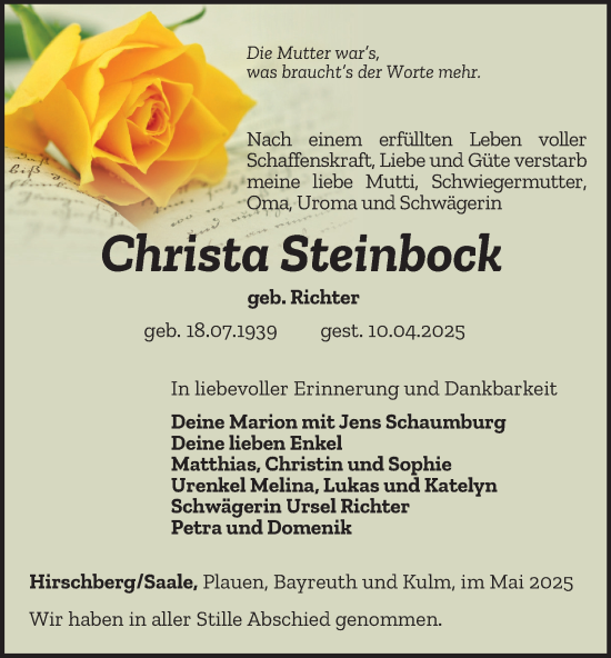 Traueranzeige von Christa Steinbock von Ostthüringer Zeitung