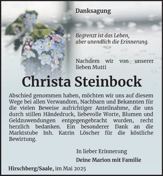 Traueranzeige von Christa Steinbock von Ostthüringer Zeitung