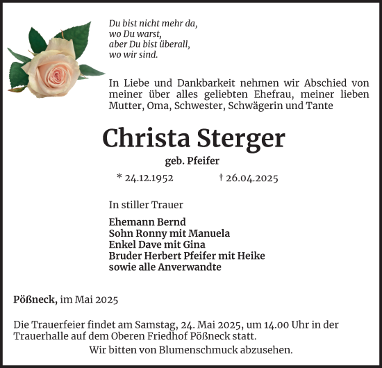 Traueranzeige von Christa Sterger von Ostthüringer Zeitung