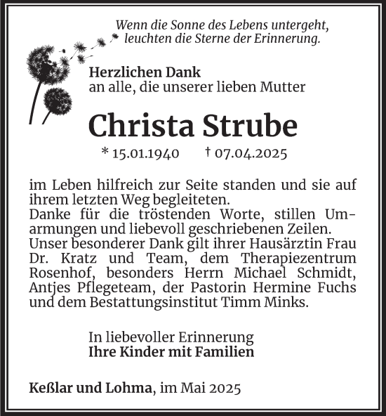 Traueranzeige von Christa Strube von Thüringer Allgemeine, Thüringische Landeszeitung
