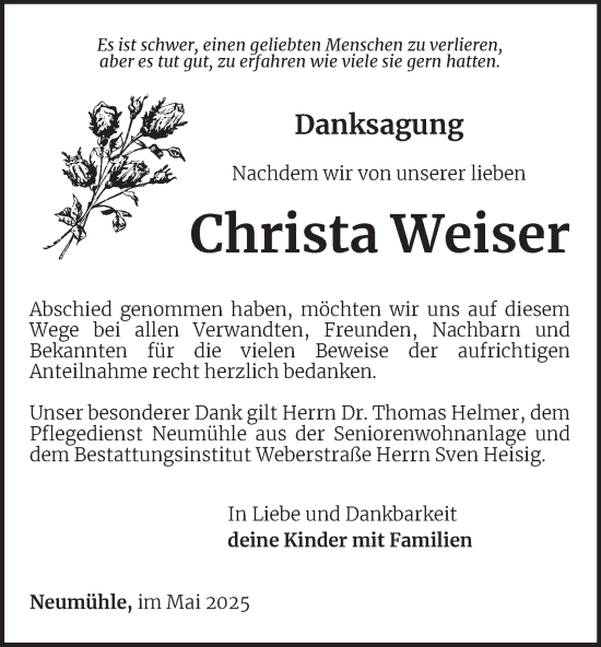 Traueranzeige von Christa Weiser von Ostthüringer Zeitung