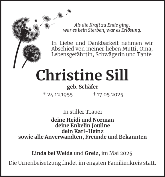 Traueranzeige von Christine Sill von Ostthüringer Zeitung