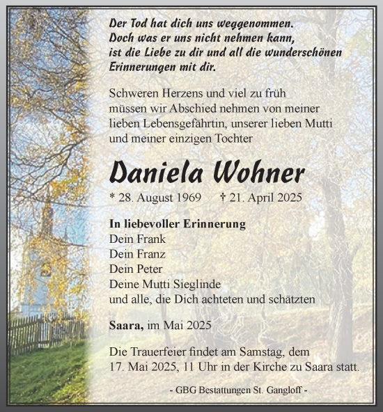 Traueranzeige von Daniela Wohner von Ostthüringer Zeitung
