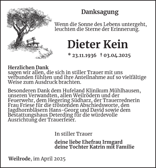 Traueranzeige von Dieter Kein von Thüringer Allgemeine