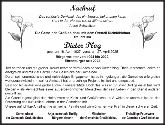 Traueranzeige von Dieter Plog von Ostthüringer Zeitung