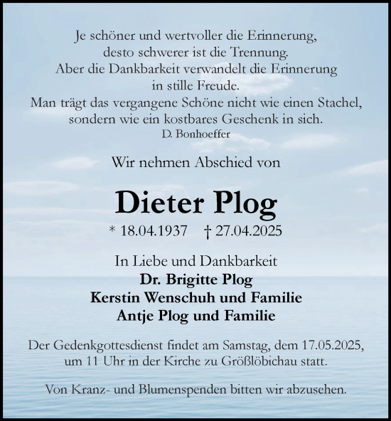Traueranzeige von Dieter Plog von Ostthüringer Zeitung, Thüringische Landeszeitung