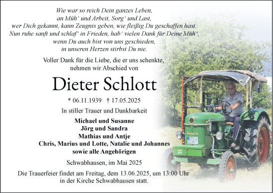 Traueranzeige von Dieter Schlott von Thüringer Allgemeine, Thüringische Landeszeitung