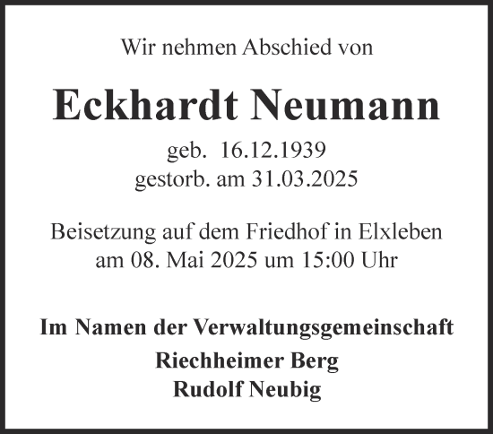 Traueranzeige von Eckhardt Neumann von Thüringer Allgemeine