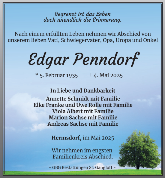 Traueranzeige von Edgar Penndorf von Ostthüringer Zeitung