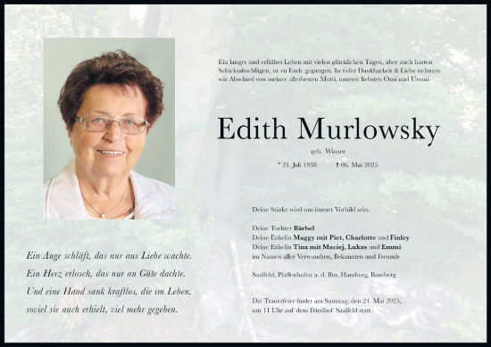 Traueranzeige von Edith Murlowsky von Ostthüringer Zeitung