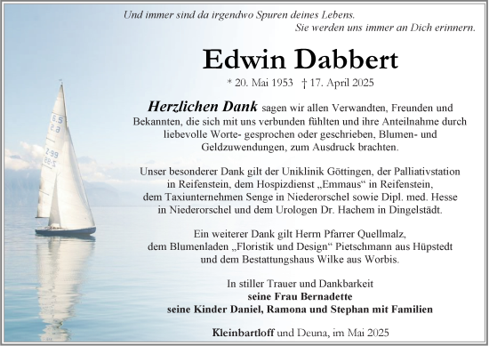 Traueranzeige von Edwin Dabbert von Thüringer Allgemeine