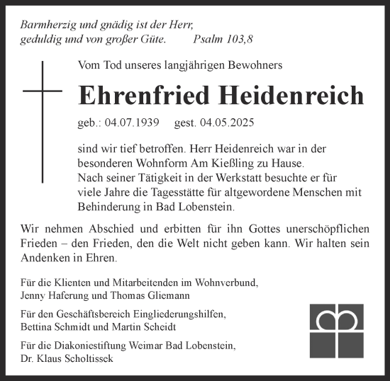 Traueranzeige von Ehrenfried Heidenreich von Ostthüringer Zeitung