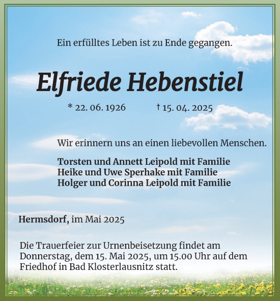 Traueranzeige von Elfriede Hebenstiel von Ostthüringer Zeitung