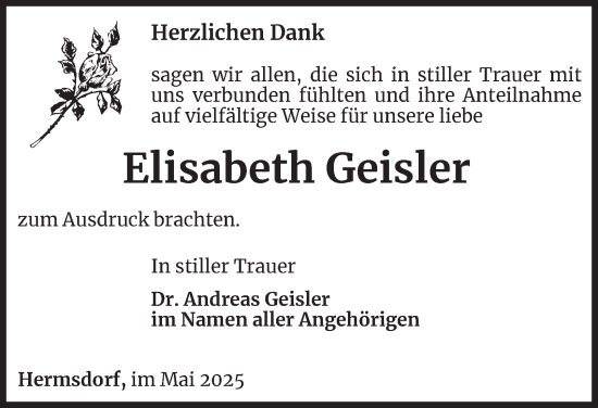 Traueranzeige von Elisabeth Geisler von Ostthüringer Zeitung